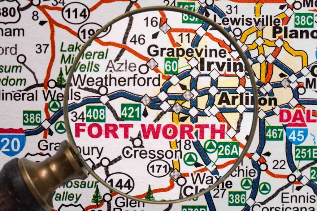 Map Of Fort Worth Showing Dangerous Accident Hot Spots And Major Roads Fort Worth map highlighting accident hot spots and major highways including I-35W, I-30, and Loop 820