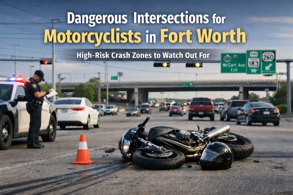 Most Dangerous Intersections for Motorcyclists in Fort Worth Dangerous intersection in Fort Worth with heavy traffic and a motorcycle stopped at a busy roadway illustrating motorcycle accident risk areas