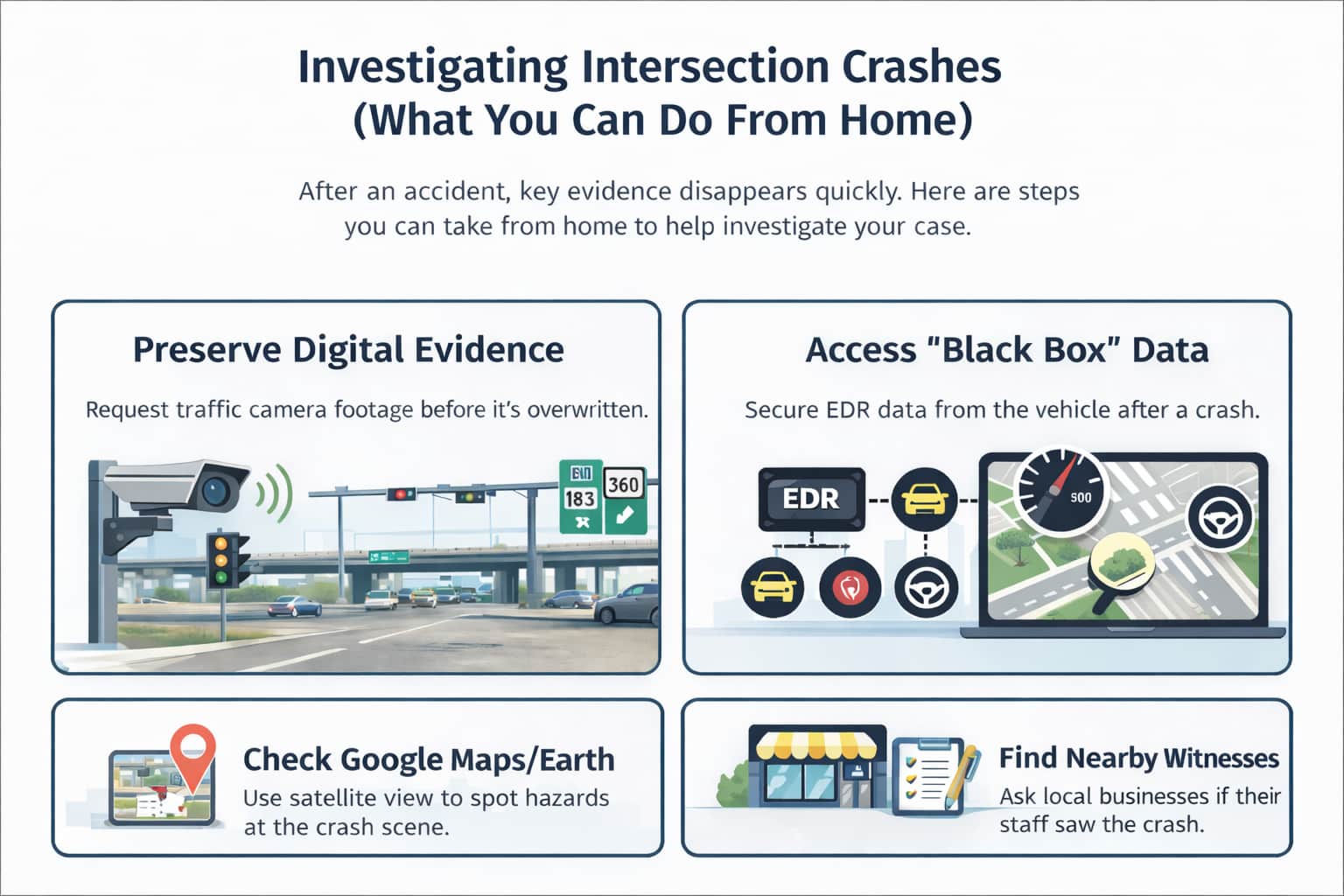 How to Investigate a Fort Worth Intersection Crash From Home Infographic showing how to investigate a Fort Worth intersection crash from home including preserving video evidence, black box data, Google Maps review, and finding witnesses.