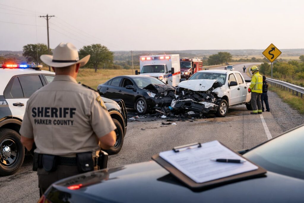 Rural Highway Crash in Parker County – Causes and Legal Help Rural highway car accident scene in Parker County with emergency responders and damaged vehicles on a country road