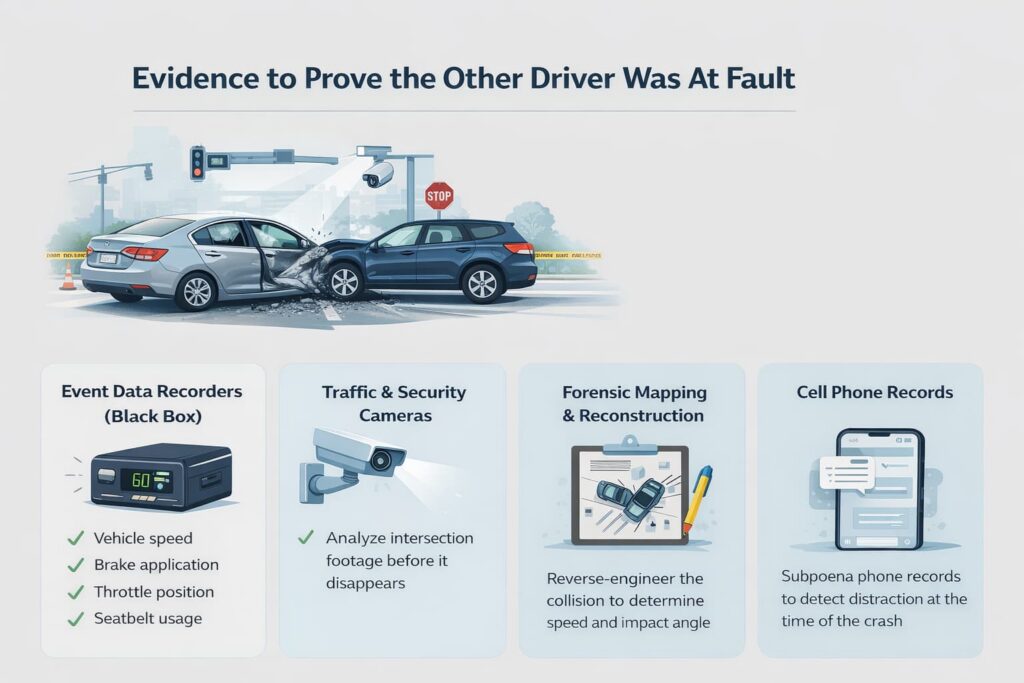 Evidence Used to Prove Fault in a T-Bone Car Accident Case Infographic showing evidence used to prove fault in a T-bone car accident including black box data, traffic cameras, crash reconstruction, and cell phone records