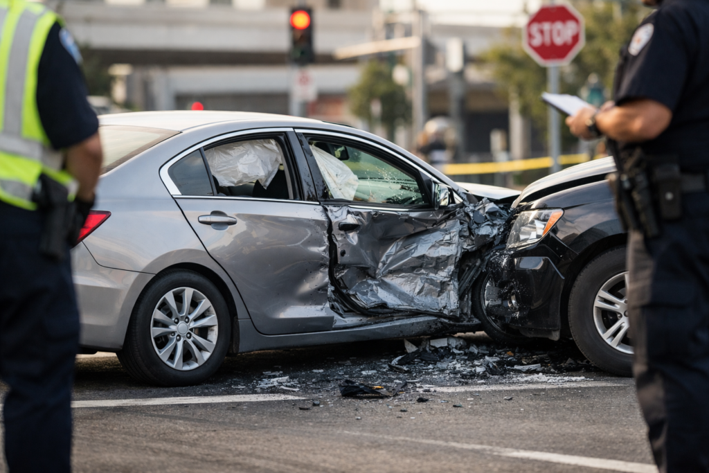T-Bone Accident at Intersection – Side Impact Car Crash Example T-bone car accident at an intersection showing side-impact collision damage between two vehicles in Texas