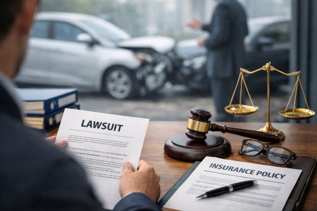 Person reviewing lawsuit papers after a car accident with insurance policy and legal scales on desk, representing Texas car accident lawsuit defense
