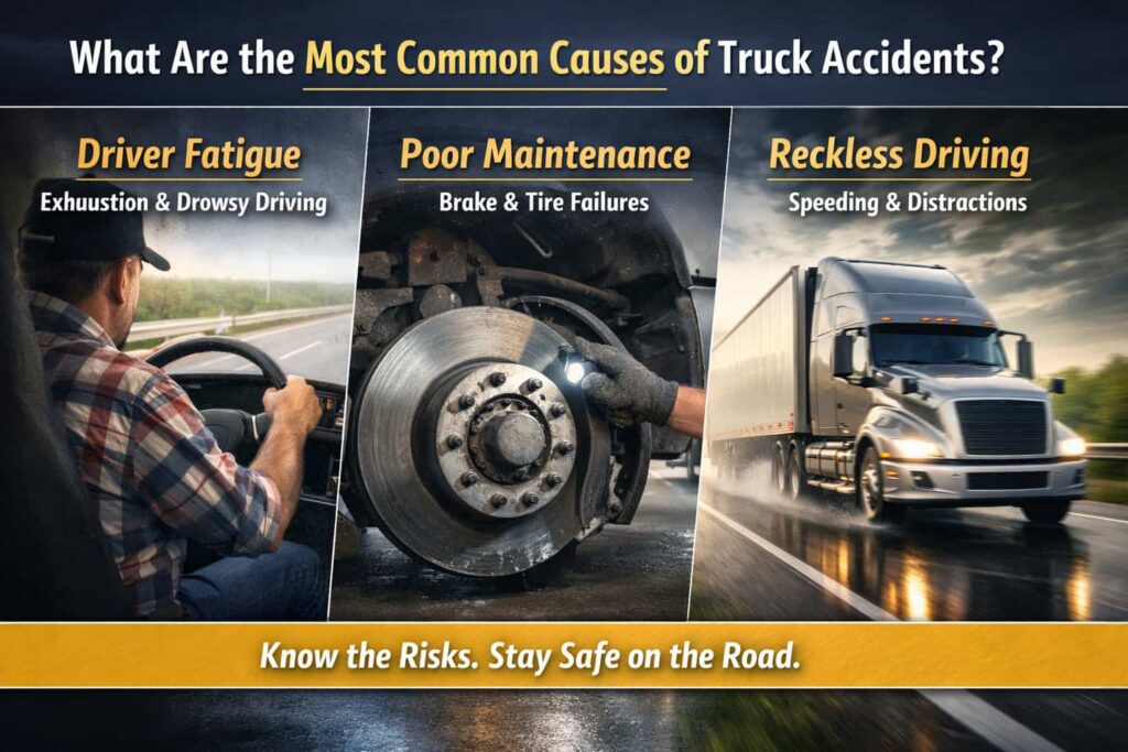 Top Causes of Truck Accidents – Fatigue, Maintenance Issues, and Reckless Driving Most common causes of truck accidents including driver fatigue, poor maintenance, and reckless driving infographic