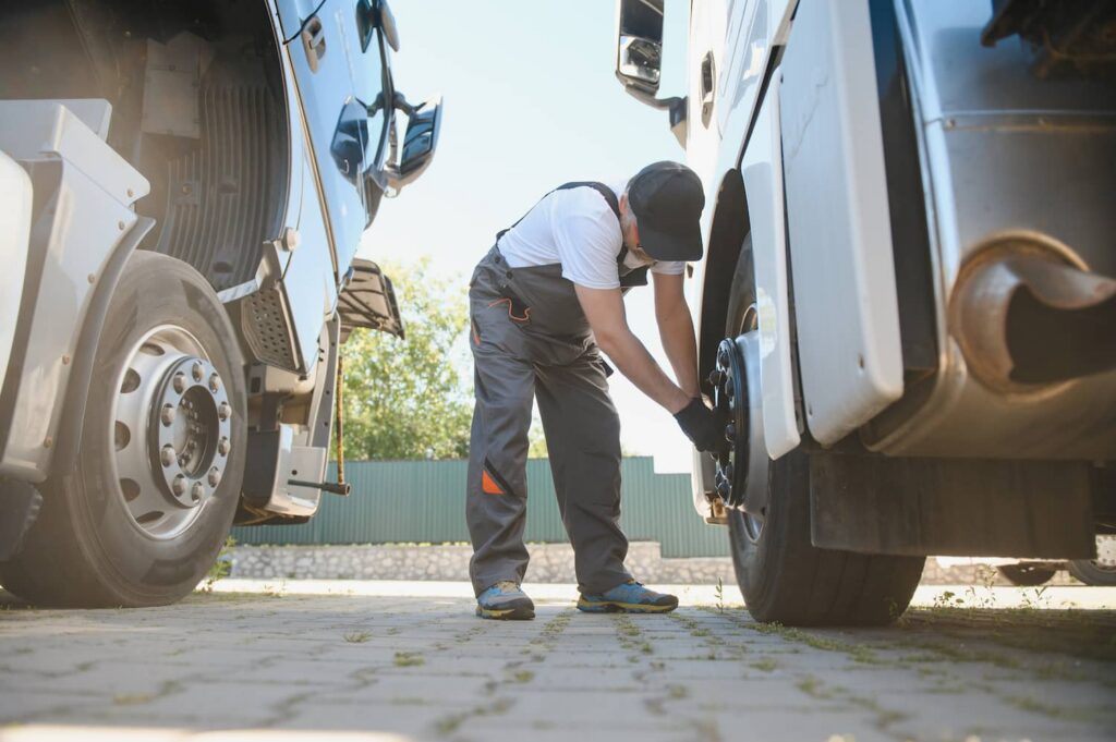 Commercial Truck Tire Inspection and Maintenance for Road Safety Truck maintenance worker inspecting semi truck tire for safety and equipment condition