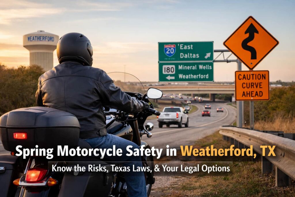 Motorcyclist riding on a highway near Weatherford Texas during spring season highlighting motorcycle safety and road awareness