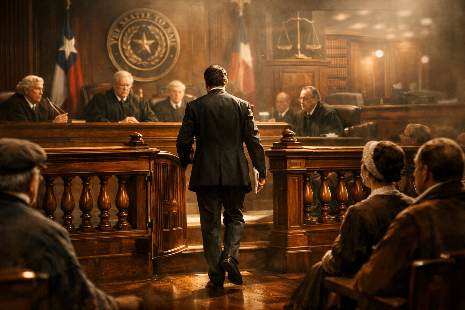 Lawyer approaching the bench in a courtroom during legal proceedings