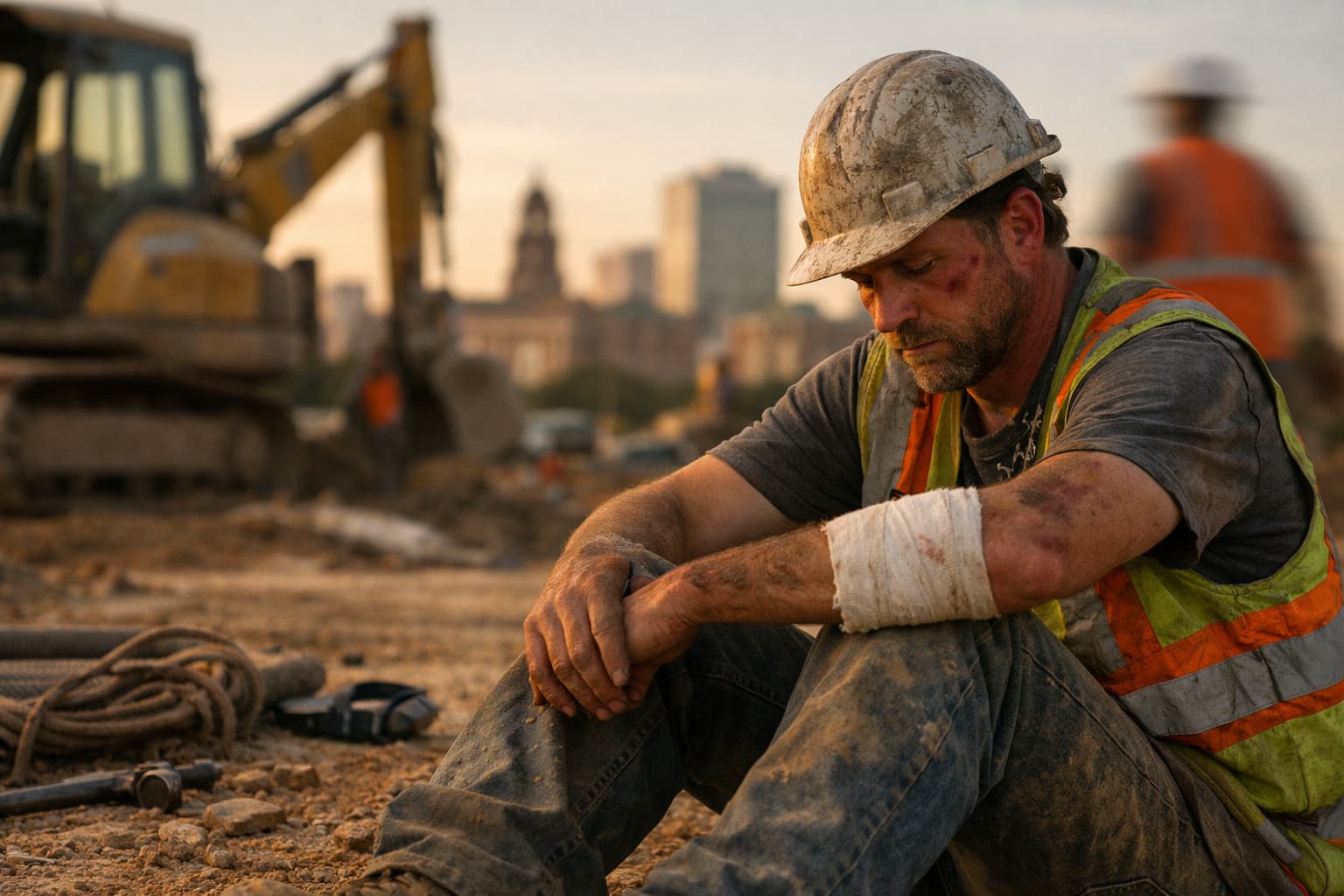 Injured construction worker resting at a job site after a workplace accident
