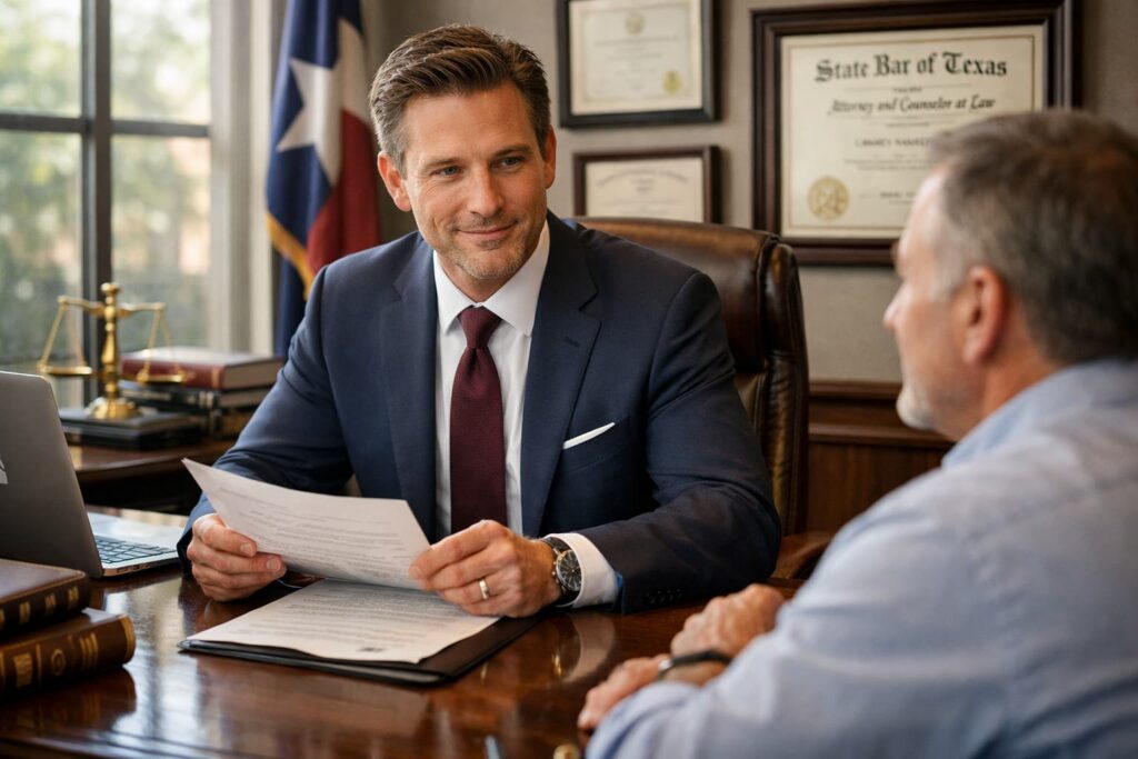 Lawyer reviewing documents with a client during a consultation