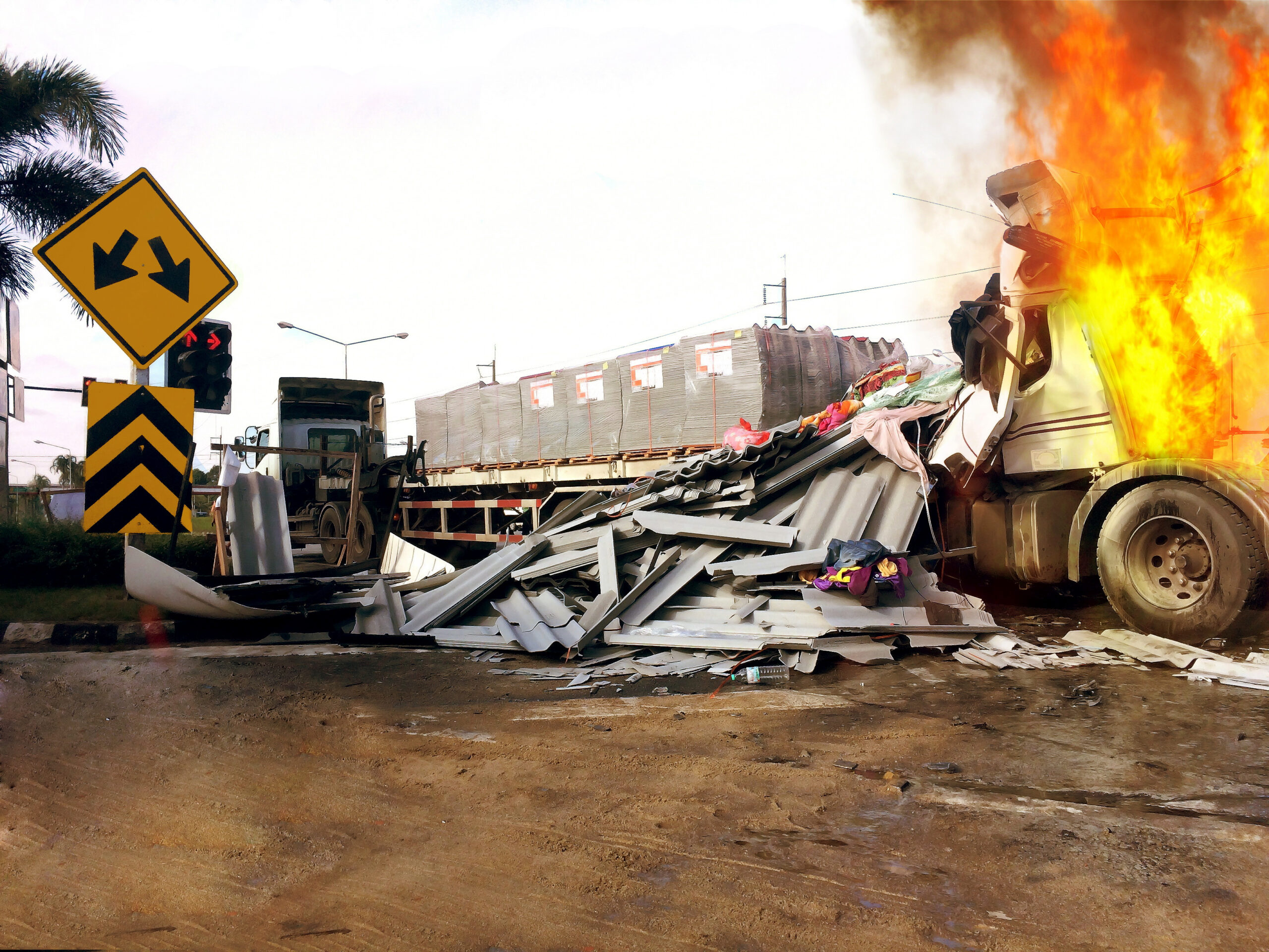 Burning truck crash scene with severe damage representing wrongful death trucking accident in Weatherford